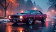 architecture of a Muscle car Chevrolet , very cute, Foggy conditions, Beautifully Lit