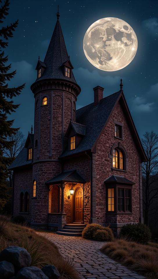 architecture of a chocolate cornet, Dilapidated, Moon in the night, natural lighting