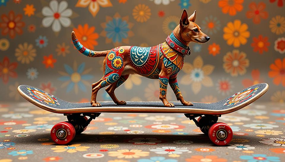photograph, shot from behind of a Dainty Kenyan Skateboard, sleek, impressionistic