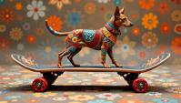 photograph, shot from behind of a Dainty Kenyan Skateboard, sleek, impressionistic