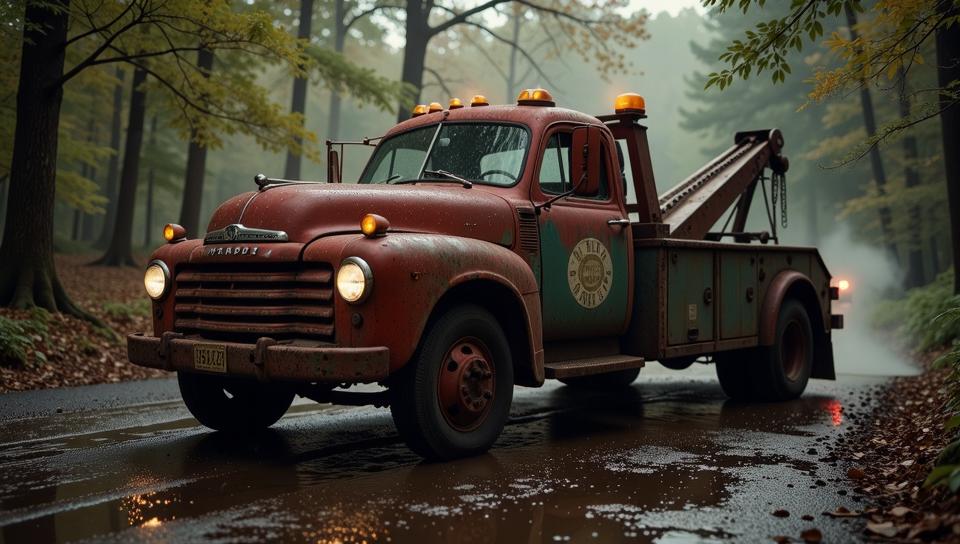 photograph, Gruesome Chibi Tow truck, Bathed in shadows, dynamic