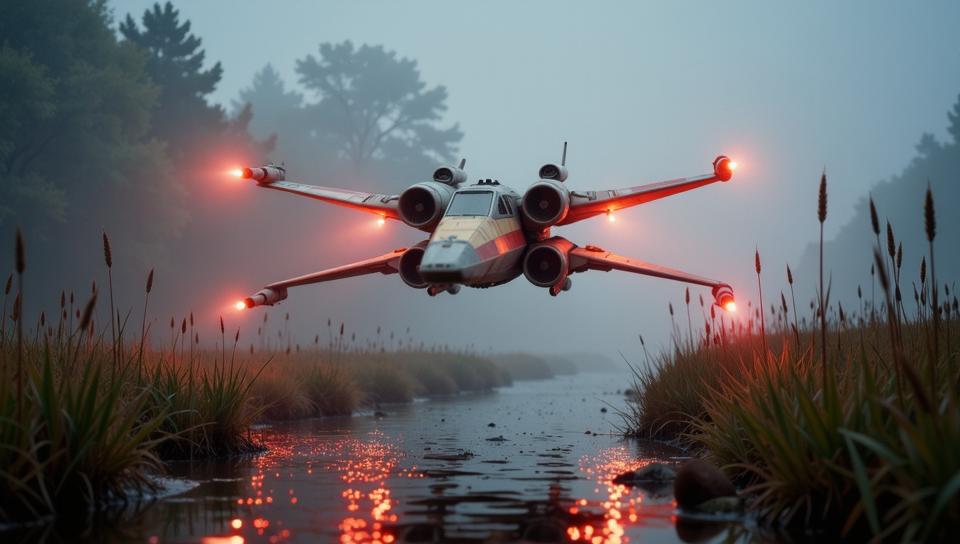photograph, Elevating Brilliant X Wing , in a Disney setting, crowded reeds