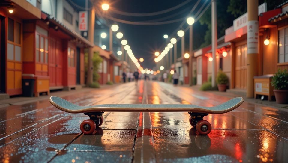 photograph, elegant, full body shot of a mundane Japanese Skateboard, film grain