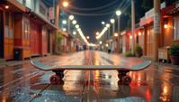 photograph, elegant, full body shot of a mundane Japanese Skateboard, film grain