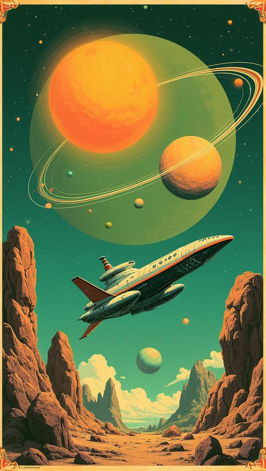 lawn green theme, Design a retro futuristic travel poster for the solar system, featuring a stylized spaceship traversing the asteroid belt, with vibrant
