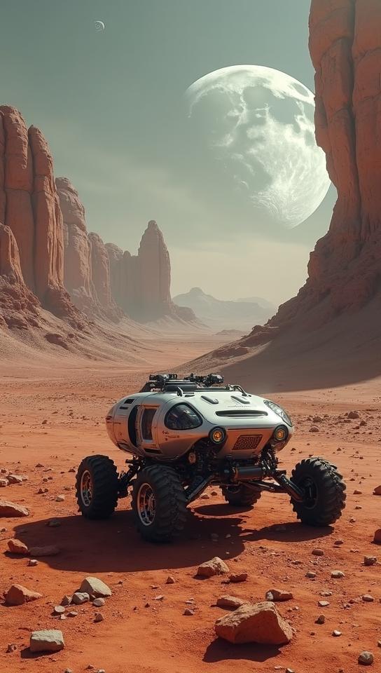 linen theme, Construct a hyper realistic scene of a futuristic rover exploring the surface of an alien planet in our solar system, with dramatic lighting and shadows, intricate vehicle design