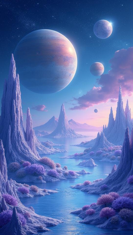 cornflower theme, Produce an enchanting, surrealist interpretation of the solar system, where planets are replaced by fantastical elements like floating islands