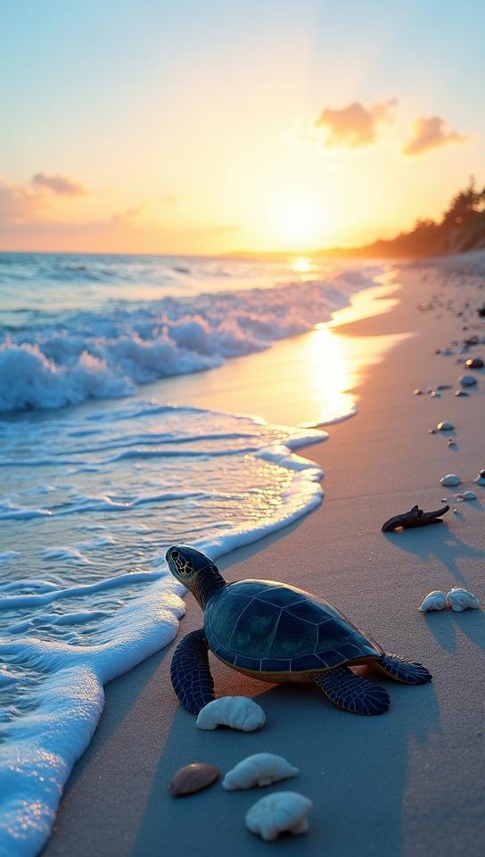 cobalt theme, A serene seashore at sunset, with golden rays dancing on the waves A few seashells scattered along the foamy shoreline, a driftwood log