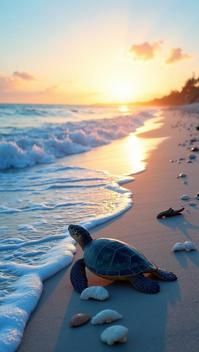 cobalt theme, A serene seashore at sunset, with golden rays dancing on the waves A few seashells scattered along the foamy shoreline, a driftwood log
