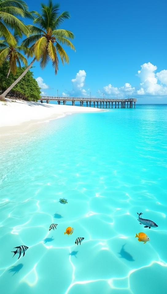 cobalt theme, A vibrant seashore scene at midday, with turquoise waters, a white sandy beach