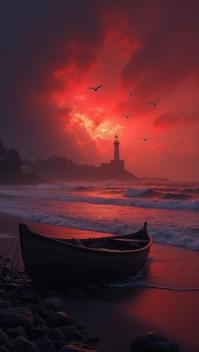 scarlet theme, A stormy seashore at dusk, with dramatic dark clouds, crashing waves