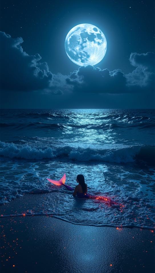 cinnabar theme, A magical seashore at night, with a full moon casting a shimmering path across the water Bioluminescent plankton create a glowing effect on the waves, and a mystical mermaid can be seen just beneath the surface