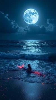 cinnabar theme, A magical seashore at night, with a full moon casting a shimmering path across the water Bioluminescent plankton create a glowing effect on the waves, and a mystical mermaid can be seen just beneath the surface