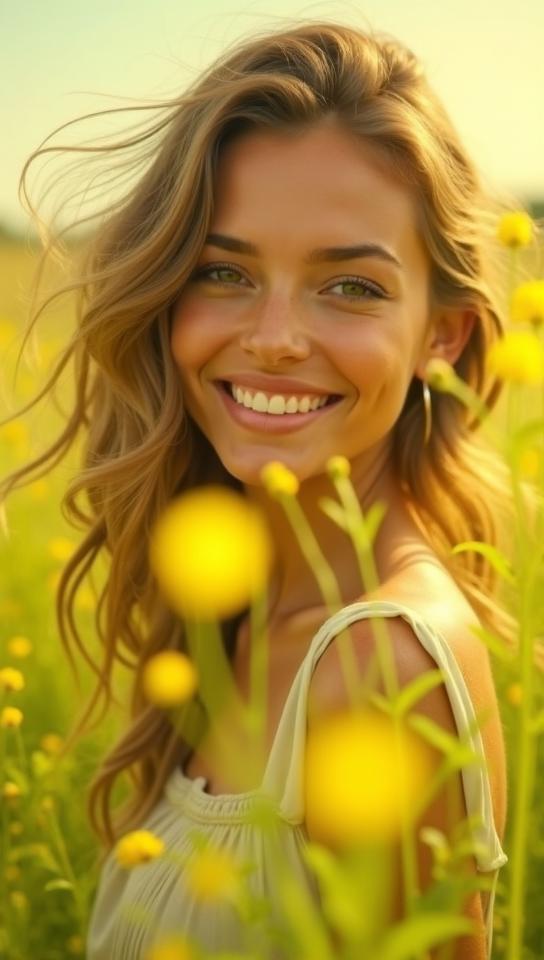 chartreuse theme, Create a portrait of a very beautiful woman smiling genuinely, with warm, twinkling eyes