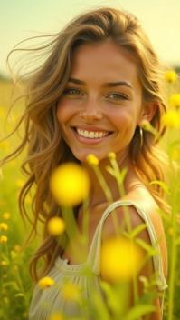 chartreuse theme, Create a portrait of a very beautiful woman smiling genuinely, with warm, twinkling eyes