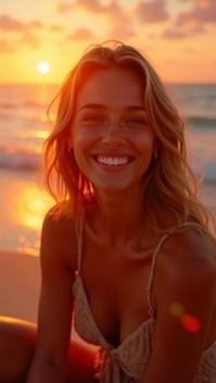 ruby theme, Generate an image of a very beautiful woman with a beaming smile, sitting on a serene beach at sunset, with the warm golden light reflecting on the peaceful ocean waves