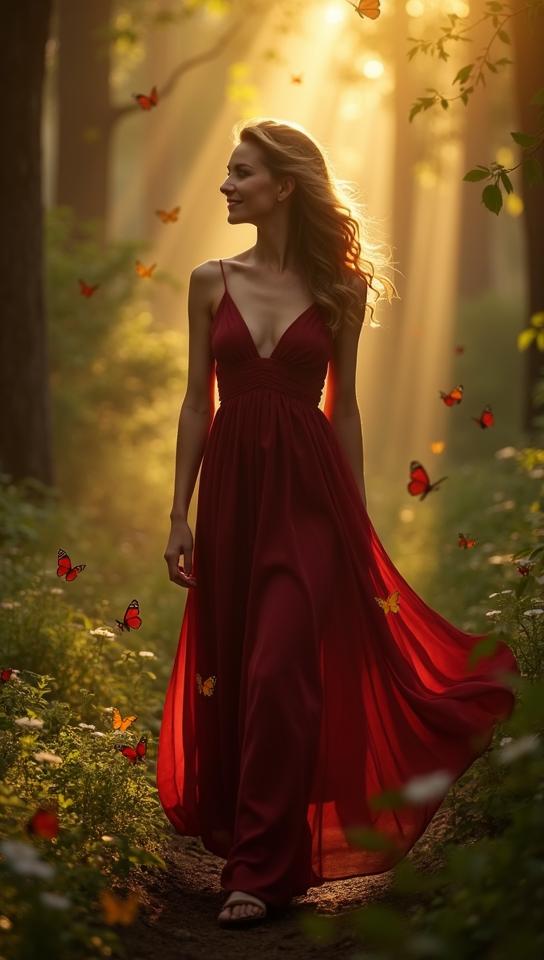 burgundy theme, Make an image of a very beautiful woman with a gracious smile, walking through a lush, enchanting forest through rays of sunlight