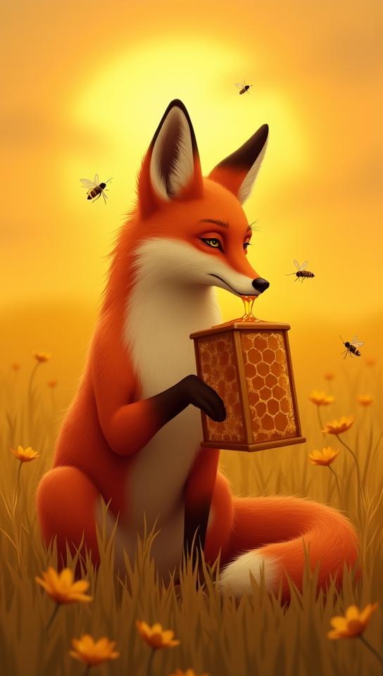 orchid theme, Generate an image of a red fox sitting on its hind legs, licking honey from a wooden honeycomb frame in a golden field at sunset, with honey dripping from its chin
