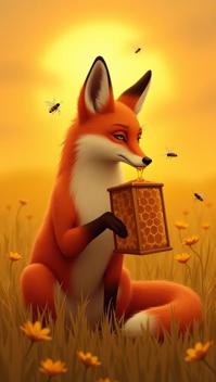 orchid theme, Generate an image of a red fox sitting on its hind legs, licking honey from a wooden honeycomb frame in a golden field at sunset, with honey dripping from its chin