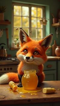 chartreuse theme, Create an image of a red fox s face smeared with honey, looking guiltily at a broken honey jar lying on a wooden table in a rustic kitchen, with a beehive visible through an open window