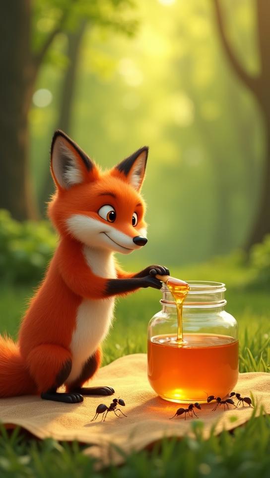 raw umber theme, Design an image of a red fox standing on its hind legs, dipping its paw into a glass jar of honey placed on a picnic blanket in a lush green forest, with a few ants marching towards the jar