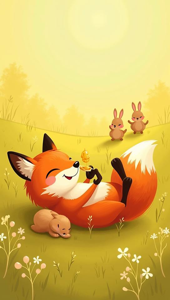 school bus yellow theme, Illustrate a red fox lying on its back in a meadow, happily licking honey from a spoon held in its paws, with a few curious rabbits watching from nearby