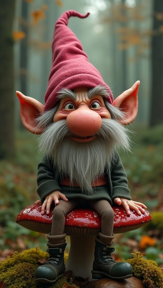 cerise theme, Create a whimsical portrait of an ugly gnome with a large, bumpy nose, wearing a tattered pointy hat and a mischievous grin