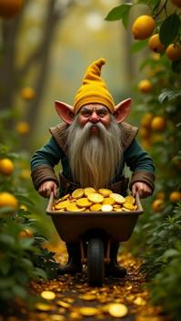 lemon theme, Design an image of an ugly gnome with oversized ears and a long, scraggly beard, pushing a wheelbarrow full of shiny gold coins through a lush