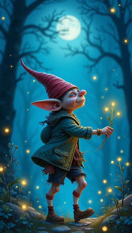 sapphire theme, Illustrate an ugly gnome with a hunched back and knobby knees, wearing mismatched socks and patched clothes, dancing with fireflies under the moonlight