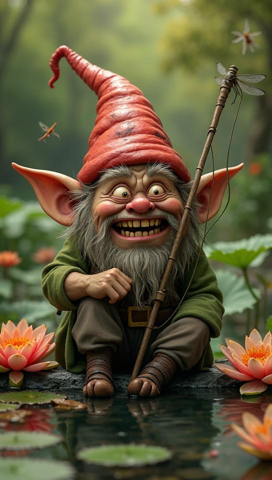 ochre theme, Generate an image of an ugly gnome with a warty face and wide, crooked smile, holding a fishing pole while sitting on the edge of a lily pond