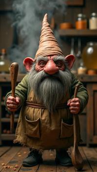 champagne theme, Create a fantastical scene of an ugly gnome with a large, hairy mole and beady eyes, wearing a ragged apron and holding a wooden spoon