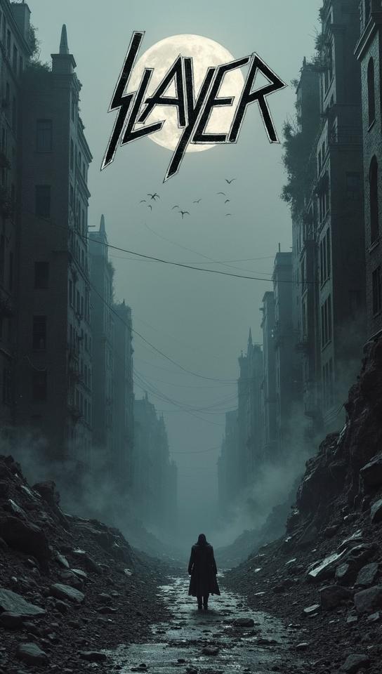 quartz grey theme, Create a grim and eerie album cover for a Slayer album, featuring a twisted, apocalyptic cityscape at dusk