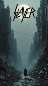 quartz grey theme, Create a grim and eerie album cover for a Slayer album, featuring a twisted, apocalyptic cityscape at dusk