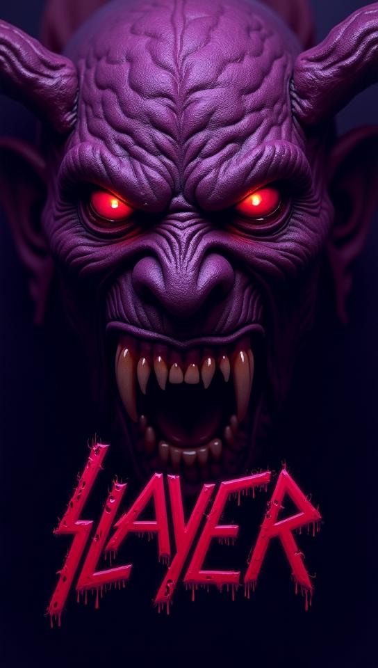 amethyst theme, Design a Slayer album cover with a close up of a snarling, demonic face, its eyes ablaze with flames