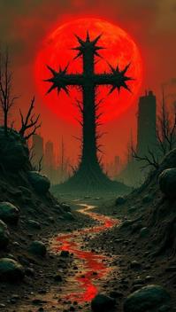camouflage green theme, Generate an image for a Slayer album cover, depicting a desolate, post apocalyptic wasteland littered with twisted metal debris and charred remains