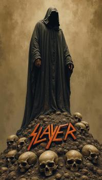 khaki theme, Make a Slayer album cover featuring a sinister, robed figure standing atop a mountain of skulls, its face obscured by a dark hood