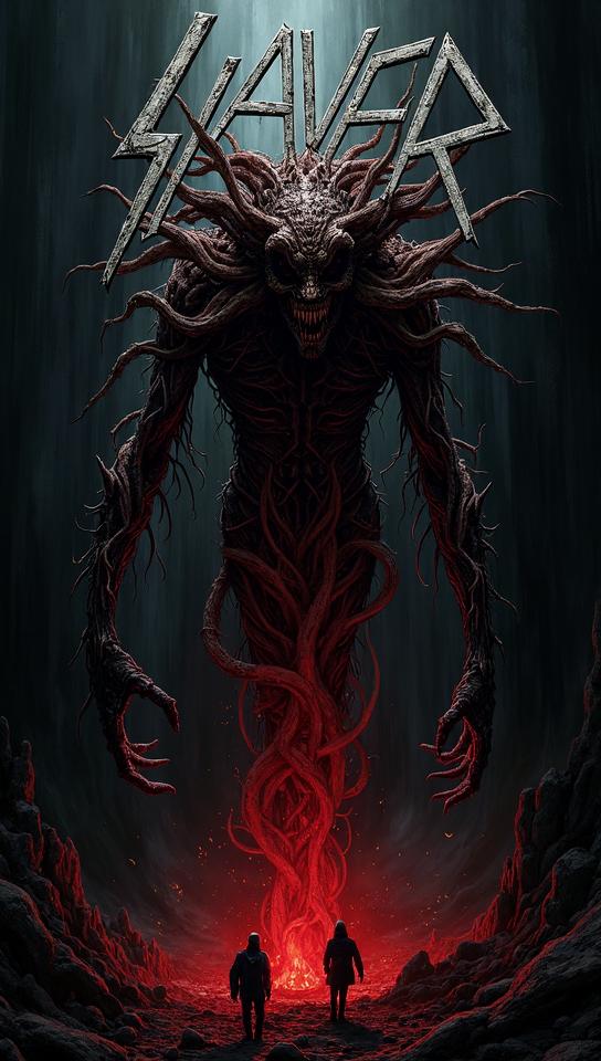 amaranth theme, Produce a graphic image for a Slayer album cover, showcasing a sinister, otherworldly creature emerging from a portal of darkness