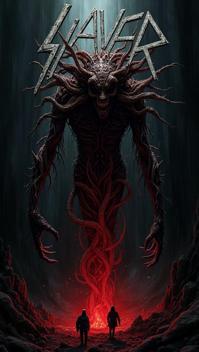 amaranth theme, Produce a graphic image for a Slayer album cover, showcasing a sinister, otherworldly creature emerging from a portal of darkness
