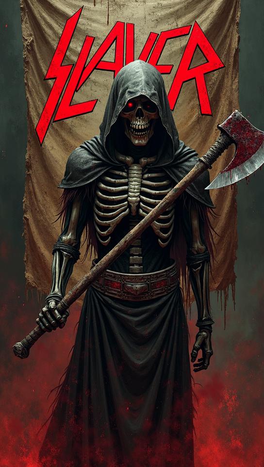 silver theme, Illustrate a Slayer album cover with a nightmarish, skeletal warrior wielding a blood stained axe, its eyes glowing with an infernal light
