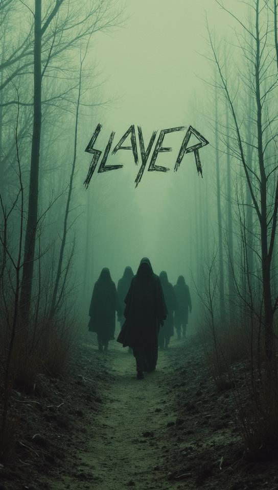 asparagus theme, Develop an image for a Slayer album cover, presenting a chilling, ghostly procession of spectral figures marching through a barren
