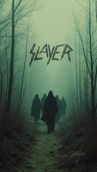 asparagus theme, Develop an image for a Slayer album cover, presenting a chilling, ghostly procession of spectral figures marching through a barren
