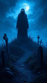indigo theme, Construct a Slayer album cover showcasing a bleak, storm tossed cemetery at night, with a spectral