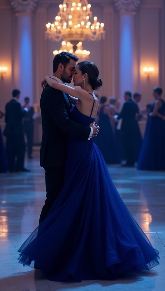 cerulean theme, Make an image of Angelina Jolie in a elegant, navy blue gown, dancing gracefully with a partner in a lavish ballroom