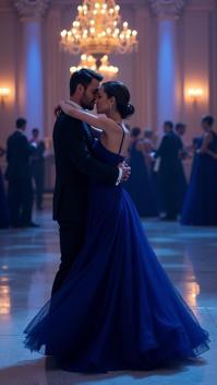 cerulean theme, Make an image of Angelina Jolie in a elegant, navy blue gown, dancing gracefully with a partner in a lavish ballroom