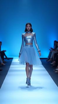 powder blue theme, Generate an image of a fashionable girl confidently walking down a runway, sporting a cutting edge ensemble featuring a futuristic metallic top, asymmetrical skirt