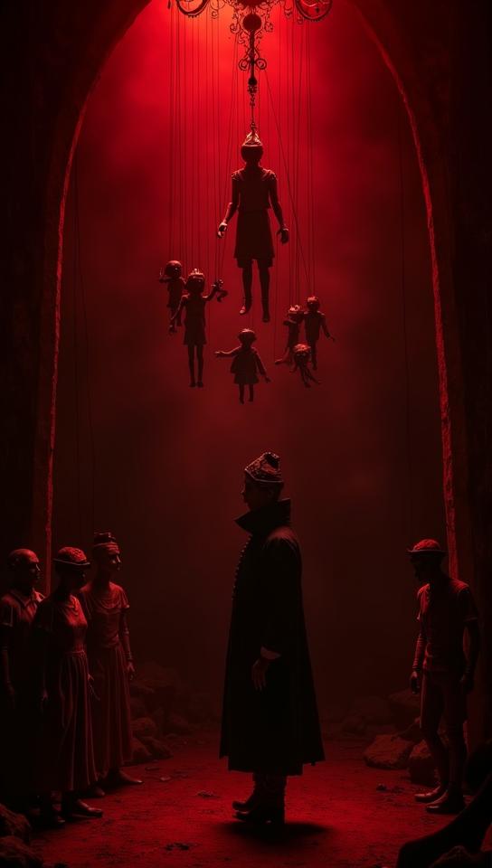 scarlet theme, Create a vivid image of a mysterious puppet master standing in the shadows, controlling an intricate marionette with unseen strings, surrounded by a dimly lit