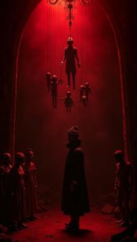 scarlet theme, Create a vivid image of a mysterious puppet master standing in the shadows, controlling an intricate marionette with unseen strings, surrounded by a dimly lit