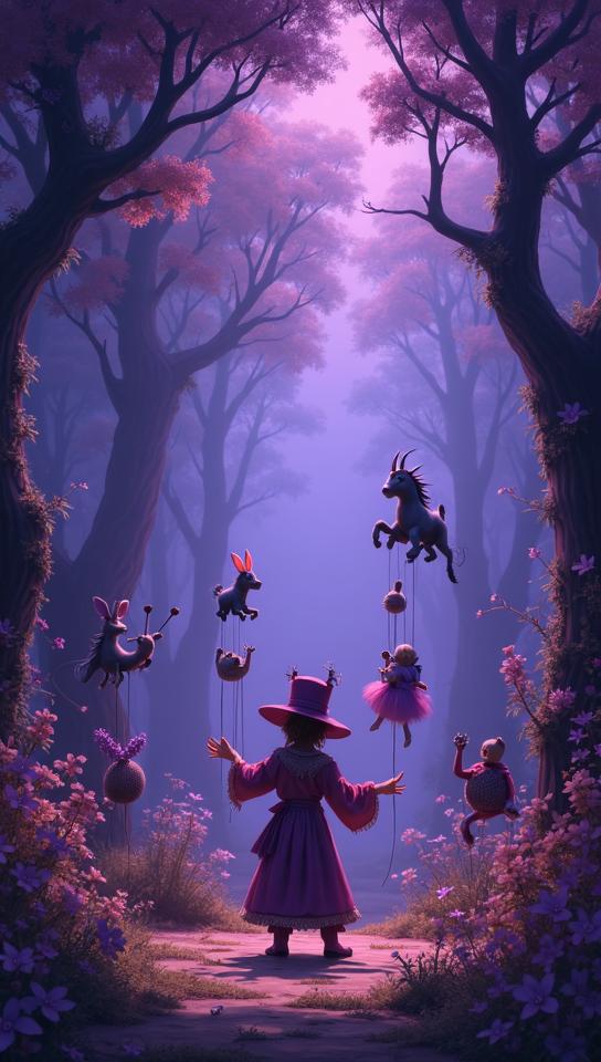 purple theme, Generate an image of a whimsical puppet master performing in a lush, enchanted forest, with magical puppets coming to life