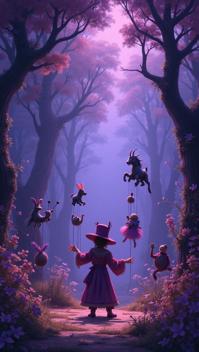 purple theme, Generate an image of a whimsical puppet master performing in a lush, enchanted forest, with magical puppets coming to life