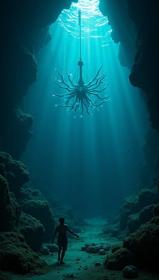 russet theme, Produce a striking image of an underwater puppet master orchestrating a ballet of bioluminescent puppets resembling deep sea creatures, with a sunken ship and hidden treasures scattered across the ocean floor